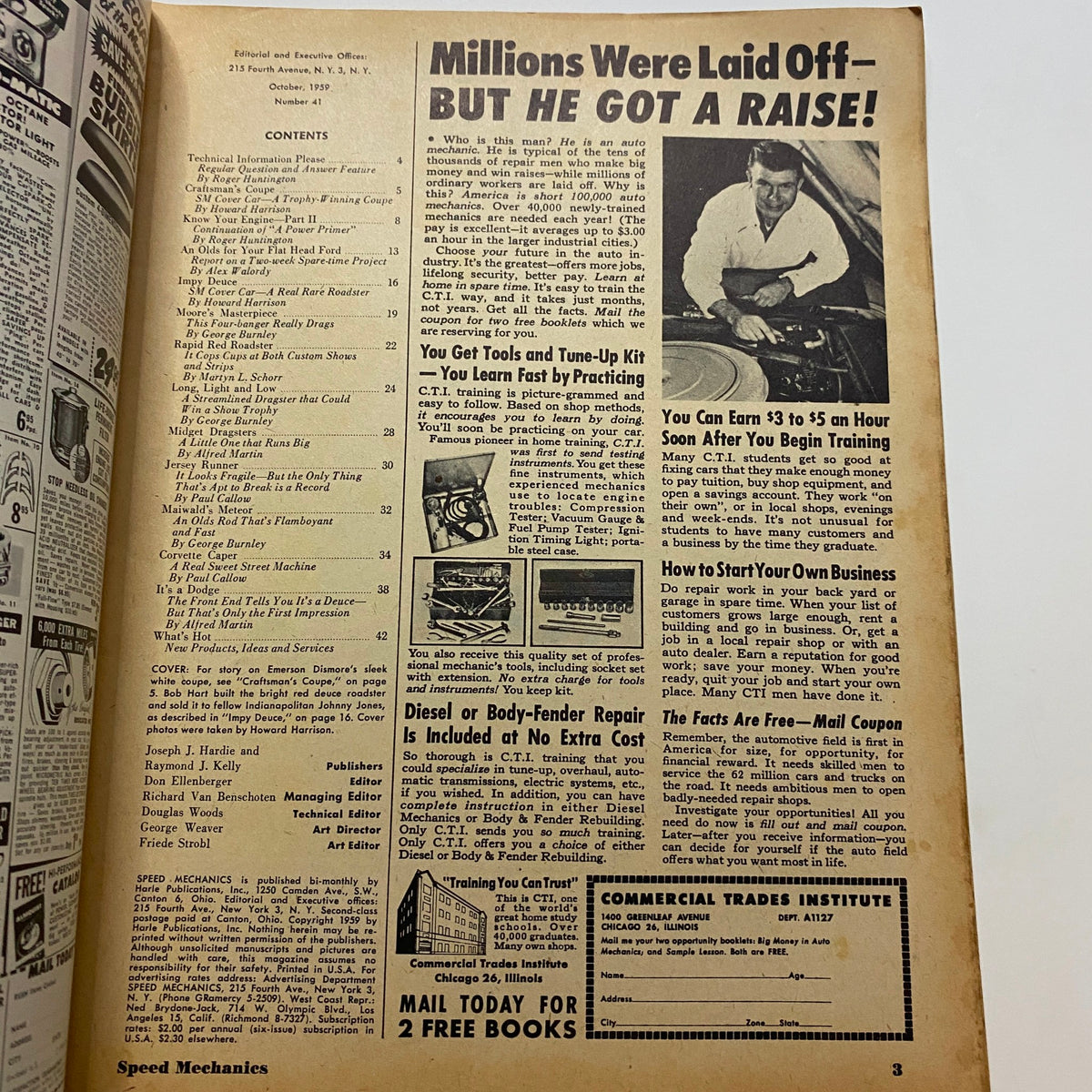 Interior page of VTG Speed Mechanics Magazine October 1959 showcasing articles and advertisements related to automotive mechanics.