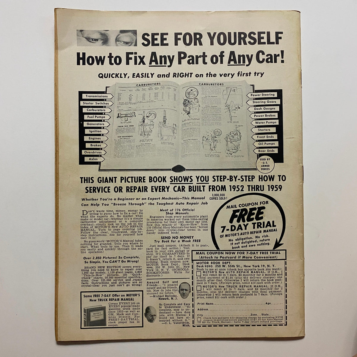 Back cover of VTG Speed Mechanics Magazine October 1959 featuring an advertisement for an auto repair manual.