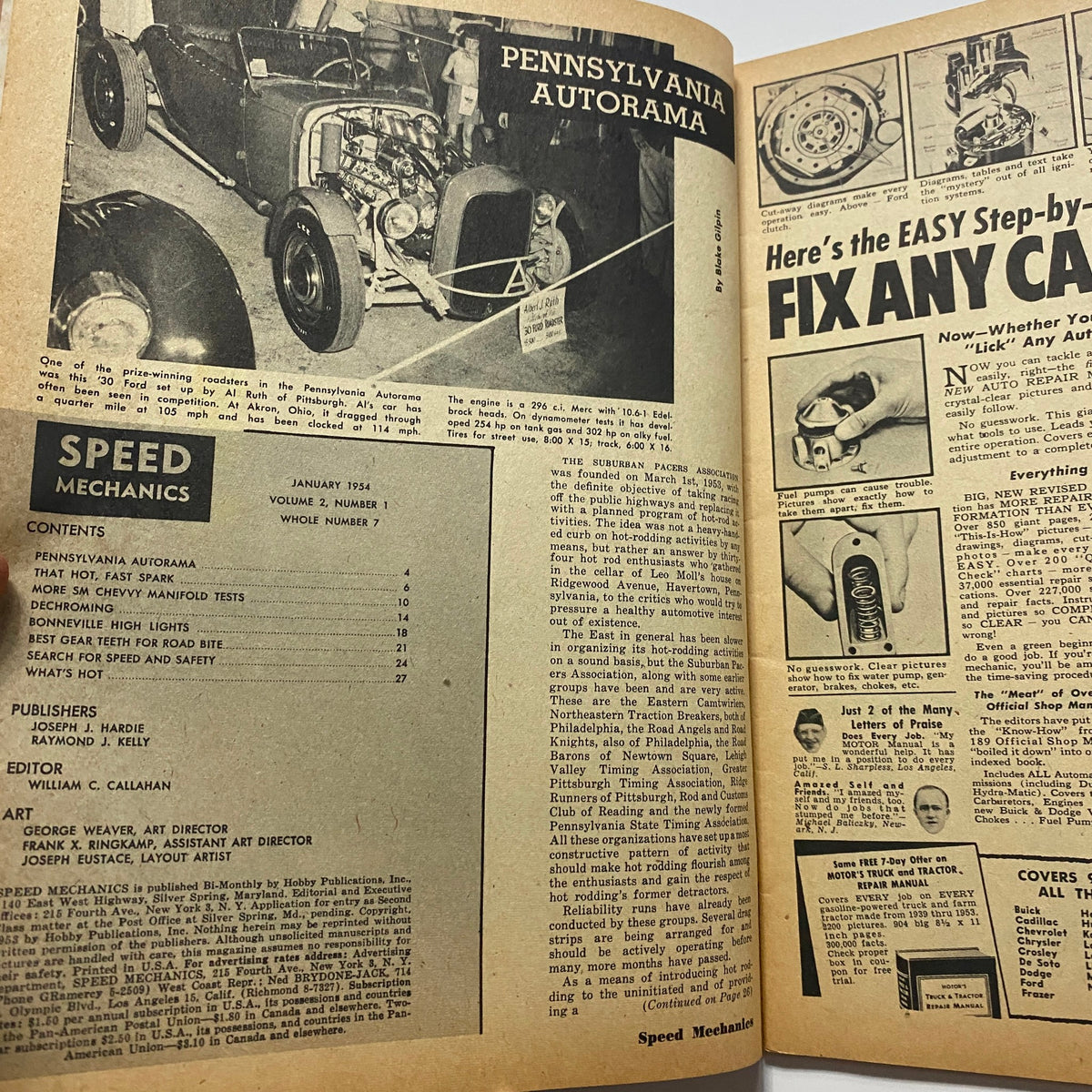 Inside page of VTG Speed Mechanics Magazine January 1954 showcasing content including the table of contents with articles such as "Pennsylvania Autorama" and "What’s Hot." This page highlights the vintage automotive focus of the magazine.