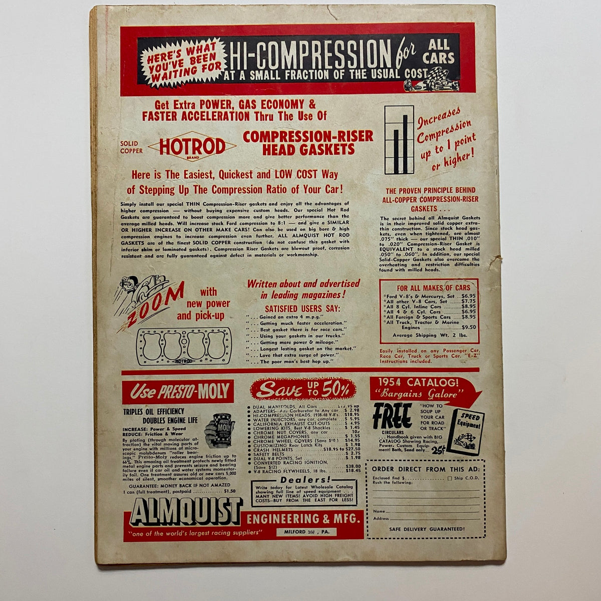 Back cover of VTG Speed Mechanics Magazine January 1954 featuring an advertisement for Hotrod Compression-Riser Head Gaskets, promoting increased power and gas economy for classic cars.