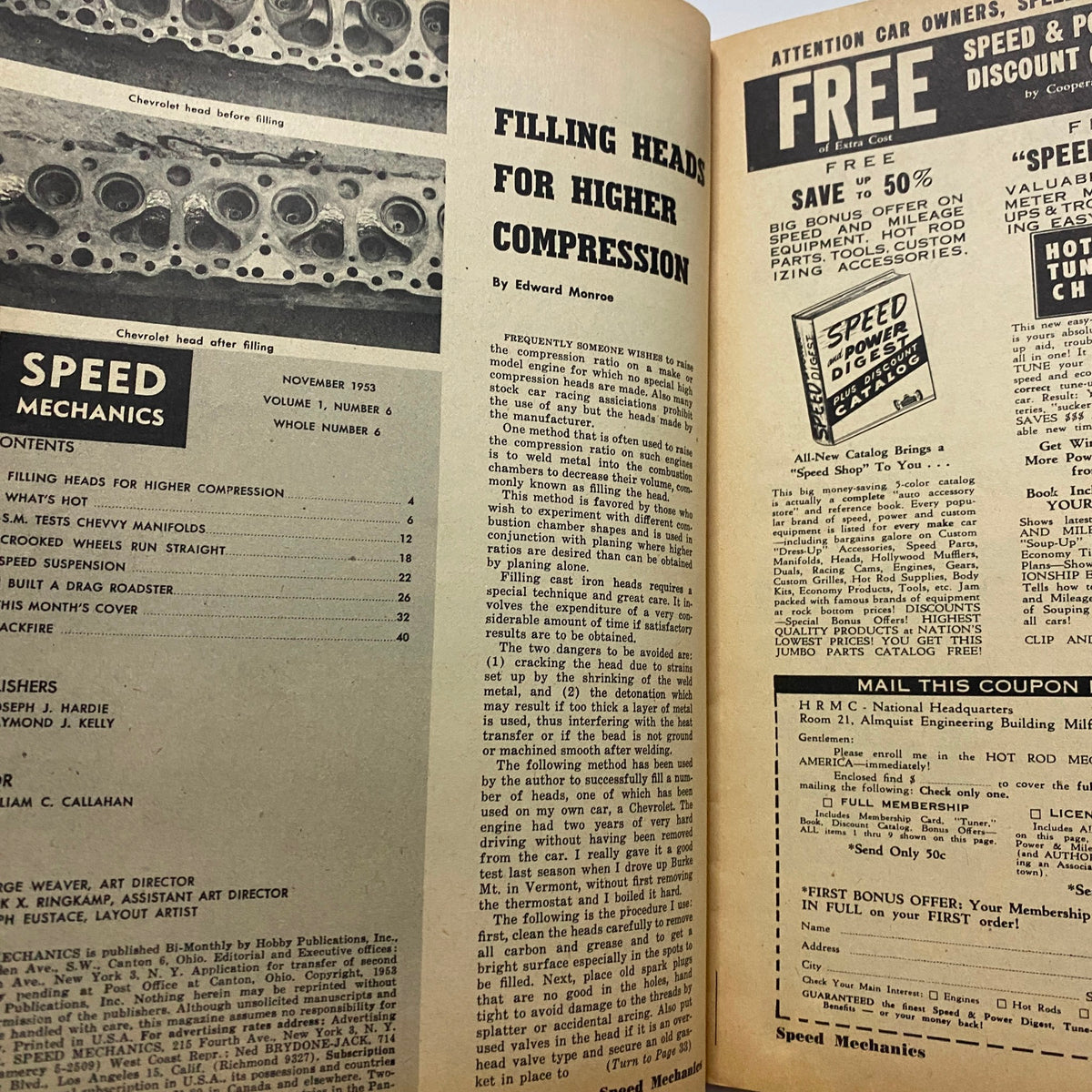 Inside page of VTG Speed Mechanics Magazine November 1953, showcasing an article titled 'Filling Heads for Higher Compression' with detailed automotive illustrations.