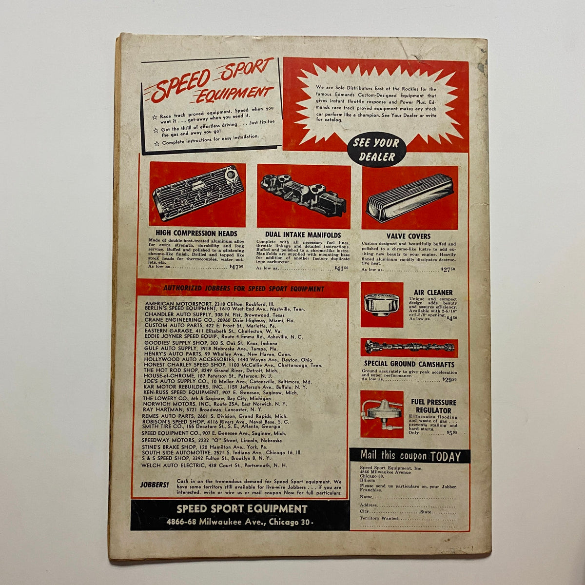 Back cover of VTG Speed Mechanics Magazine November 1953 featuring advertisements for speed sport equipment including high compression heads and dual intake manifolds.