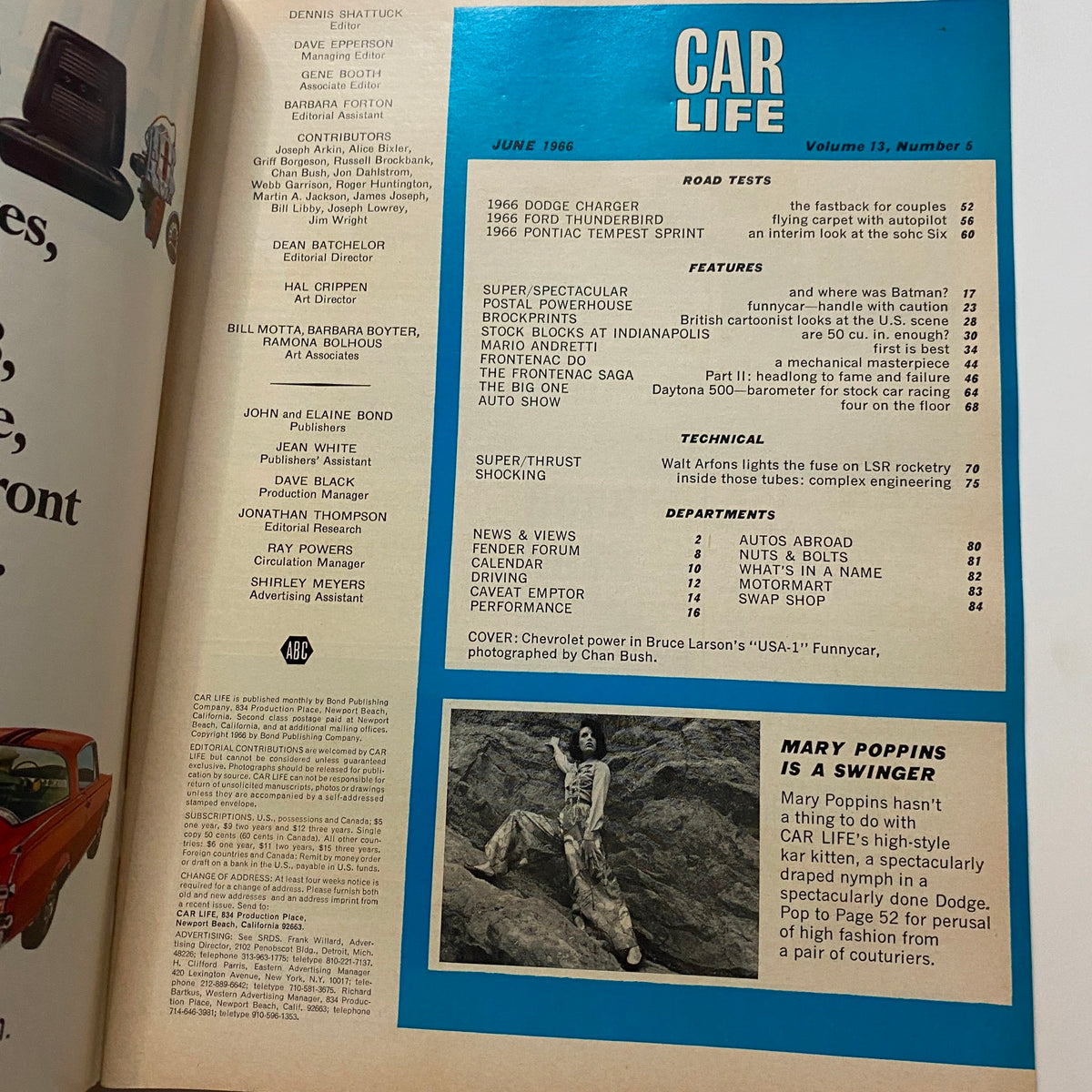 Table of contents page from VTG Car Life Magazine June 1966 Vol 13 No. 5, detailing articles and features including automotive testing and innovation.