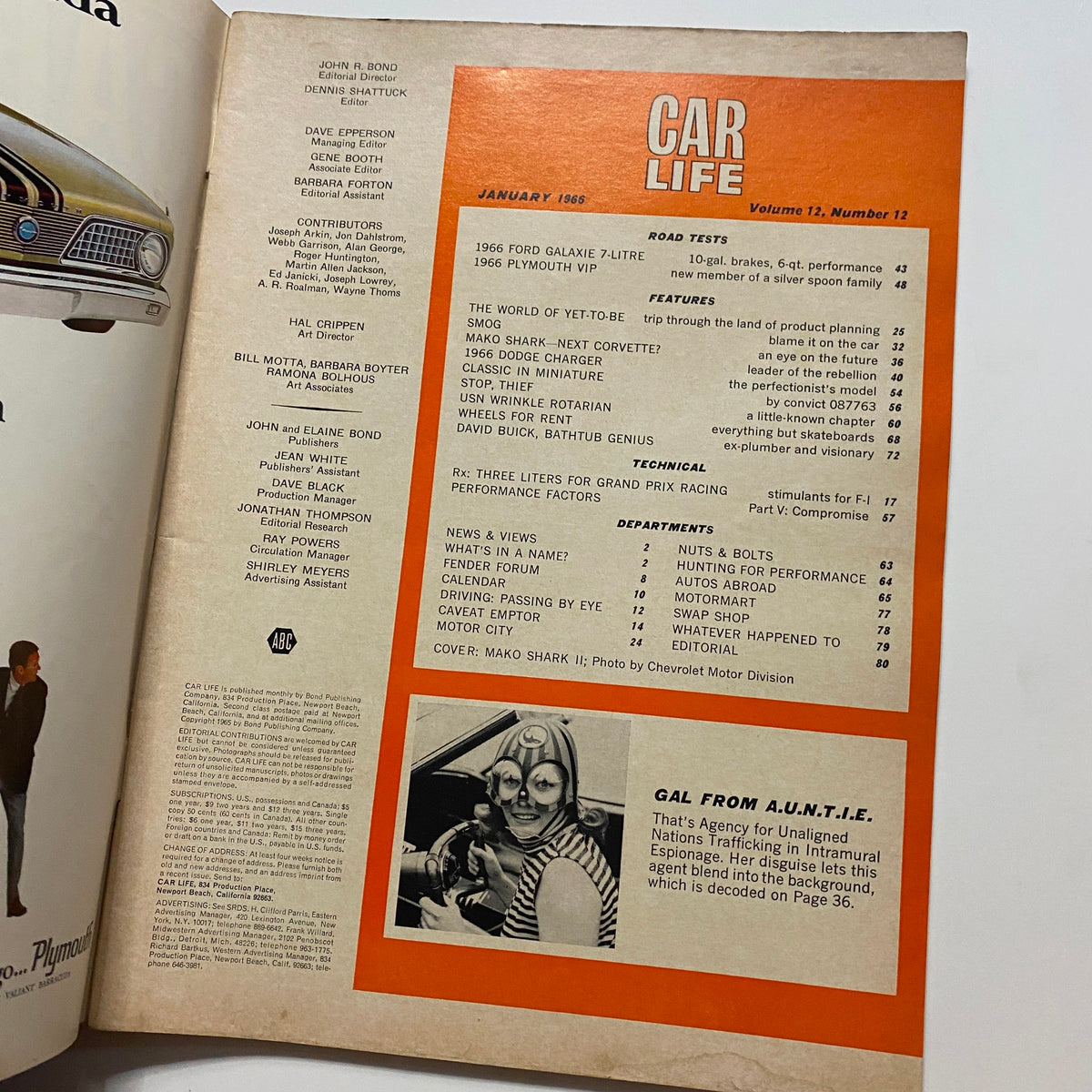Interior page of VTG Car Life Magazine January 1966 displaying the contents and features, including road tests of Plymouth VIP and Ford Galaxie 7-Litre.