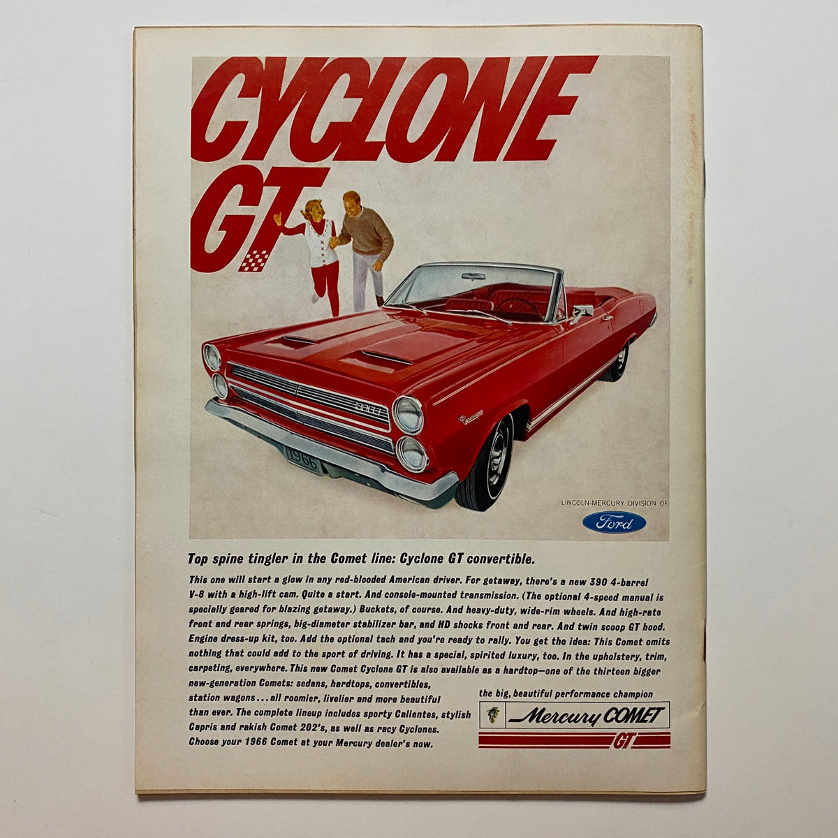 Advertisement page from VTG Car Life Magazine December 1965 for the Mercury Comet Cyclone GT convertible, highlighting its features.
