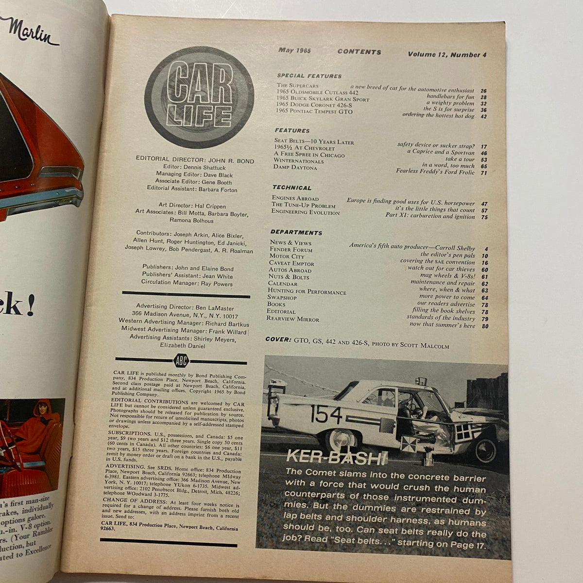Table of contents page from VTG Car Life Magazine May 1965 detailing articles related to Pontiac GTO, Oldsmobile 442, and automotive insights.