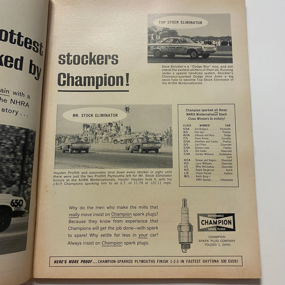 Inside page of VTG Car Life Magazine May 1964 highlighting Champion spark plugs with stock car advertisements and racing imagery.