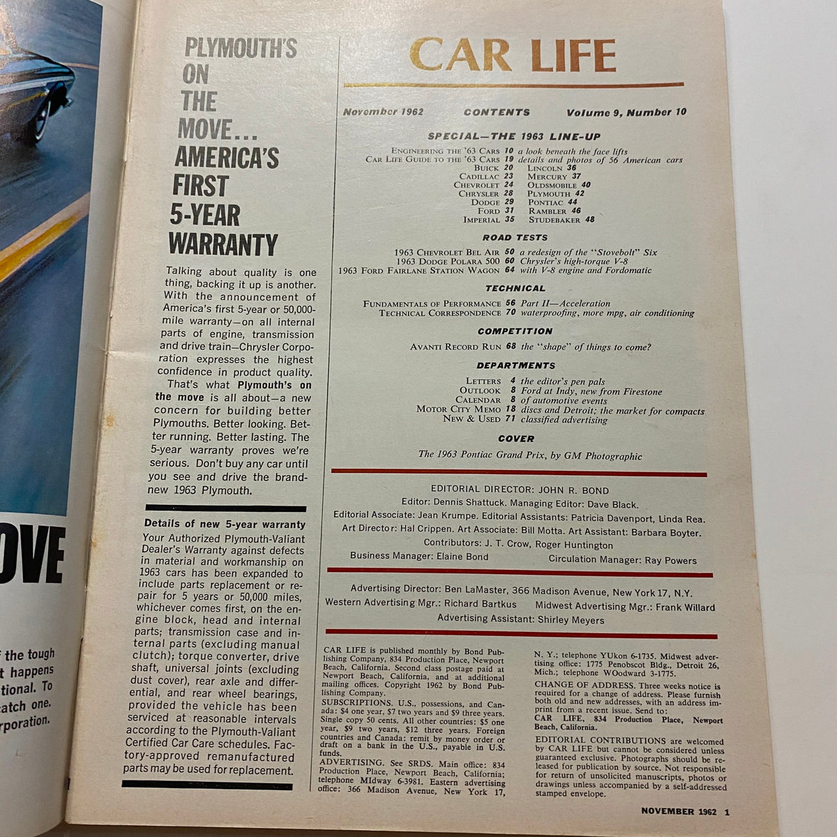 Inside page of VTG Car Life Magazine November 1962 displaying contents and topics including the Pontiac Grand Prix for '63, car tests, and automotive features.
