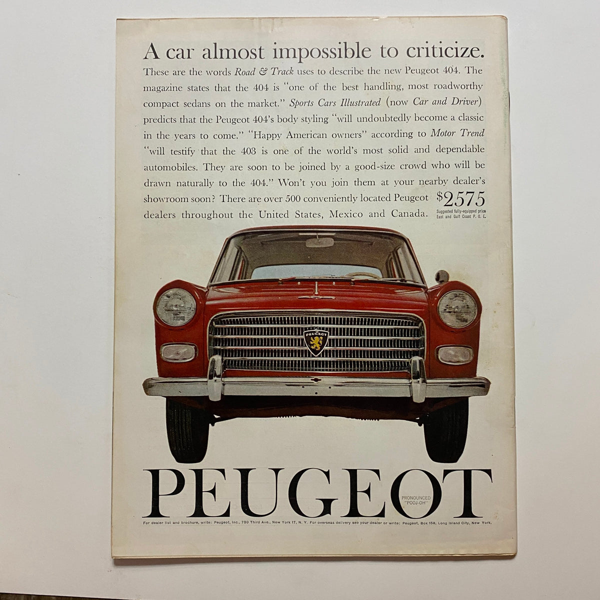 Vintage advertisement for Peugeot 404 in Car Life Magazine August 1961 showcasing its features and price, illustrating classic automotive marketing.