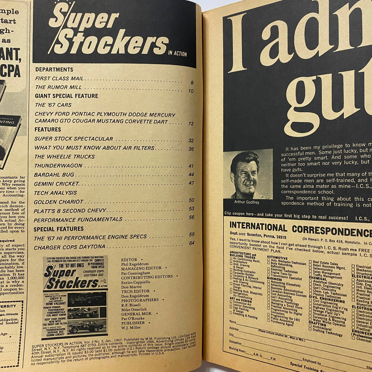 Contents page of Super Stockers in Action Magazine January 1967 detailing features and sections related to classic cars and racing performance.