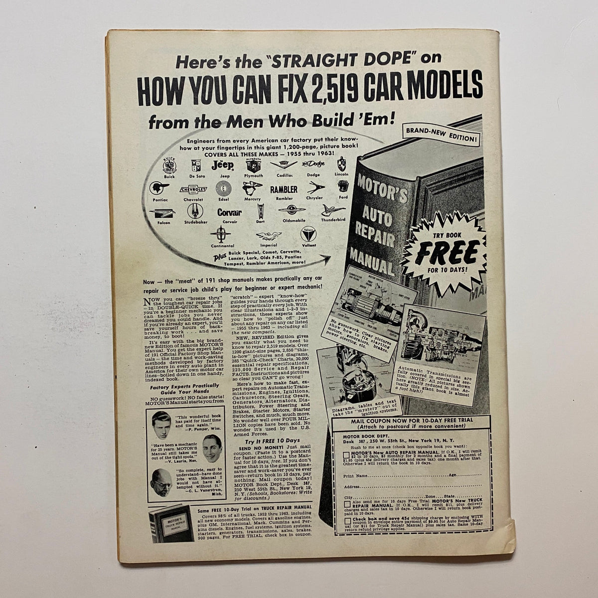 Back cover of the VTG Hop Up Magazine July 1963, advertising car repair manuals and resources for automobile enthusiasts.