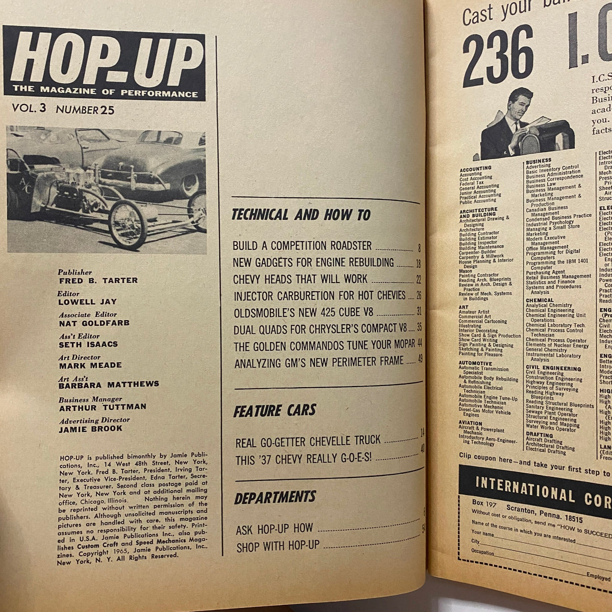 Interior page of VTG Hop Up Magazine January 1965 showcasing articles including 'Build A Competition Roadster' and technical automotive features