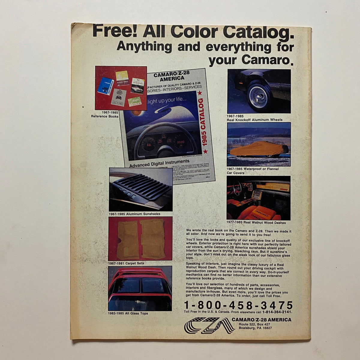 Back cover of the VTG Car Review Magazine from May 1985 showcasing an advertisement for Camaro/Z-28 parts and accessories.