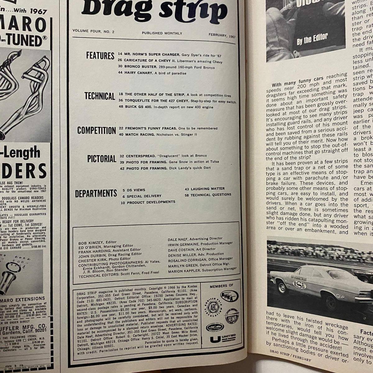 Inside page of VTG Drag Strip Magazine February 1967 showcasing features and contents including technical articles and racing stories.