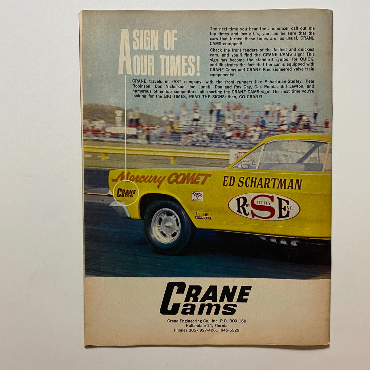 Back cover of VTG Drag Strip Magazine February 1967 featuring an advertisement for Crane Cams, highlighting top competitors and racing performance components.
