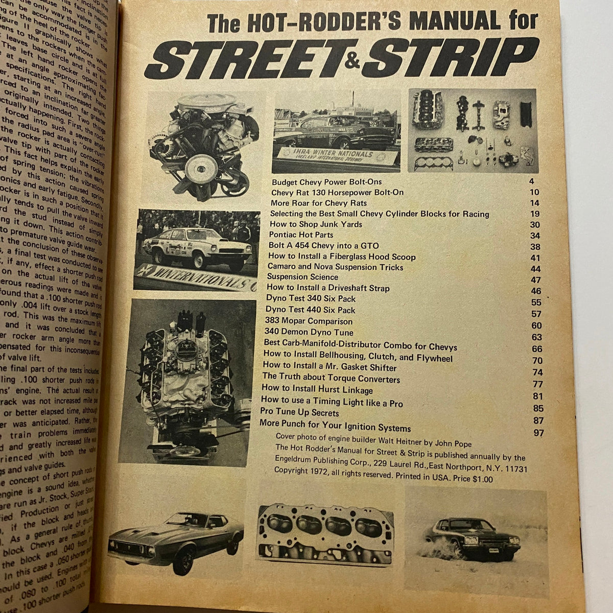 Interior page from The Hot Rodder's Manual for Street & Strip 1972-1973 Annual showcasing various hot rod components and installation tips.