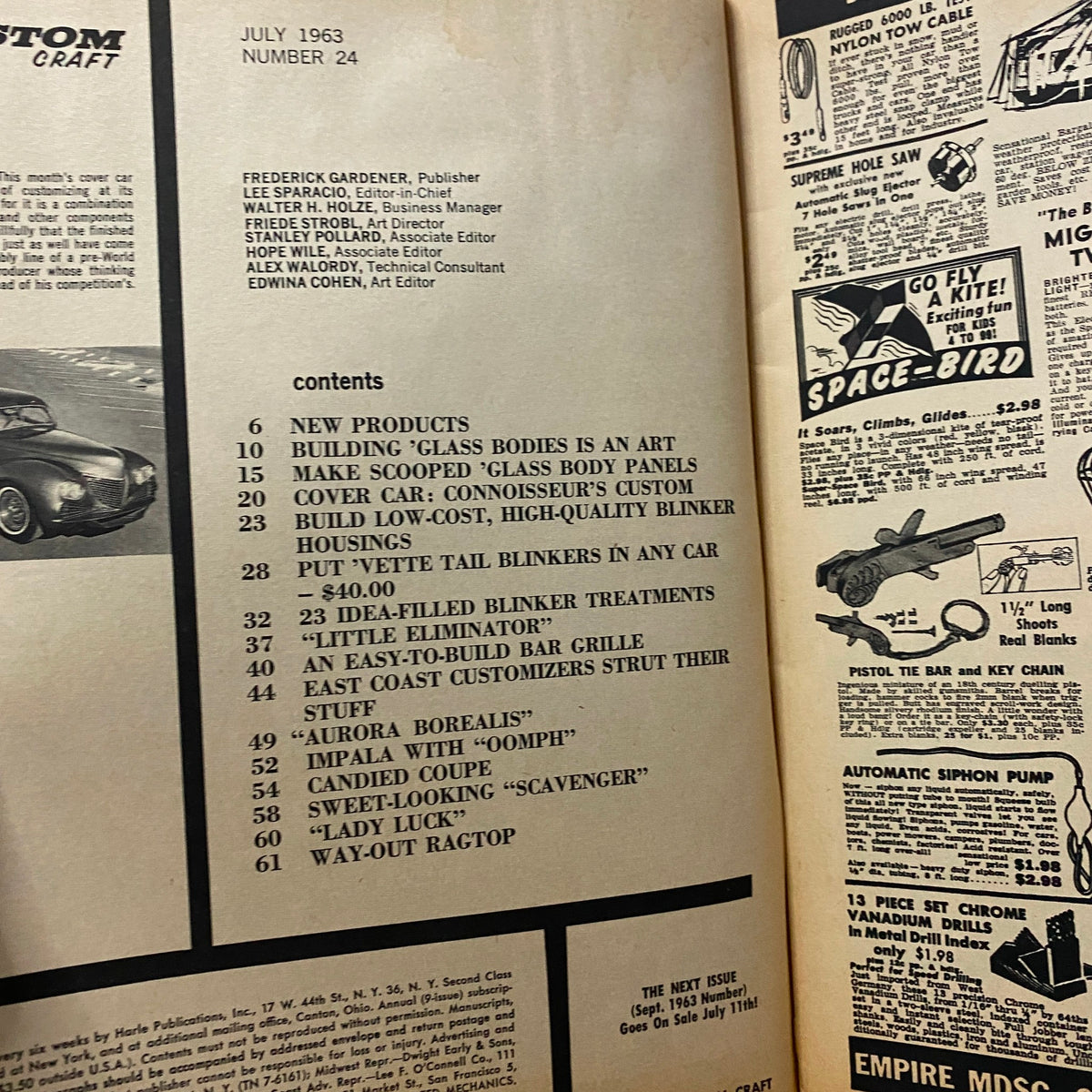 Inside layout of VTG Custom Craft Magazine July 1963 No. 24, showcasing the contents and projects featured in this vintage crafting periodical.