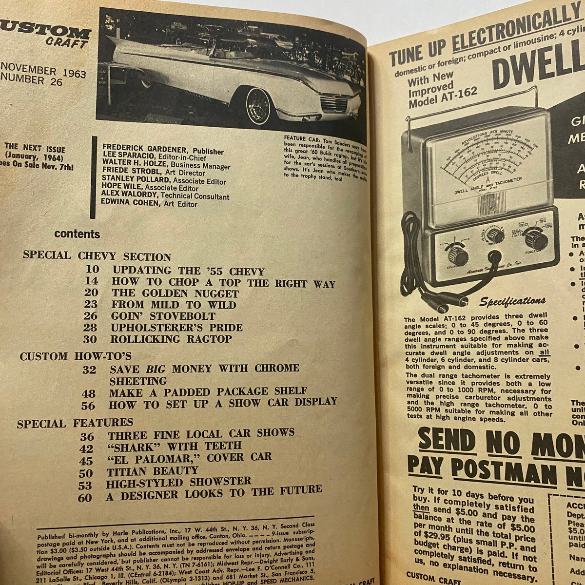Interior page of VTG Custom Craft Magazine November 1963 No. 26 The Golden Nugget showcasing the table of contents, including features on customizing vehicles and various craft how-tos.