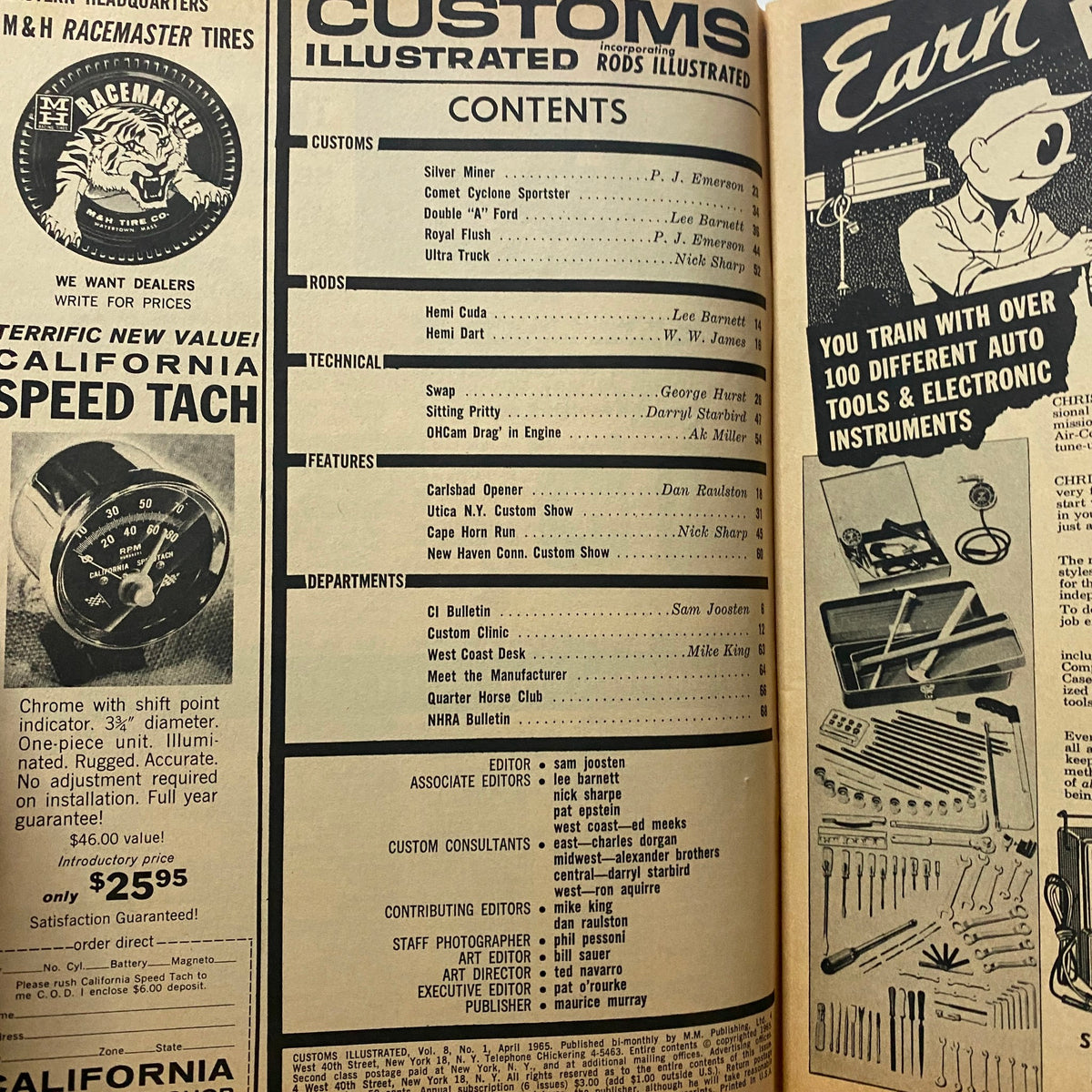 Inside contents page of VTG Customs Illustrated Magazine April 1965 highlighting articles on car customizations, technical features, and event reports, reflecting the era's automotive innovations.