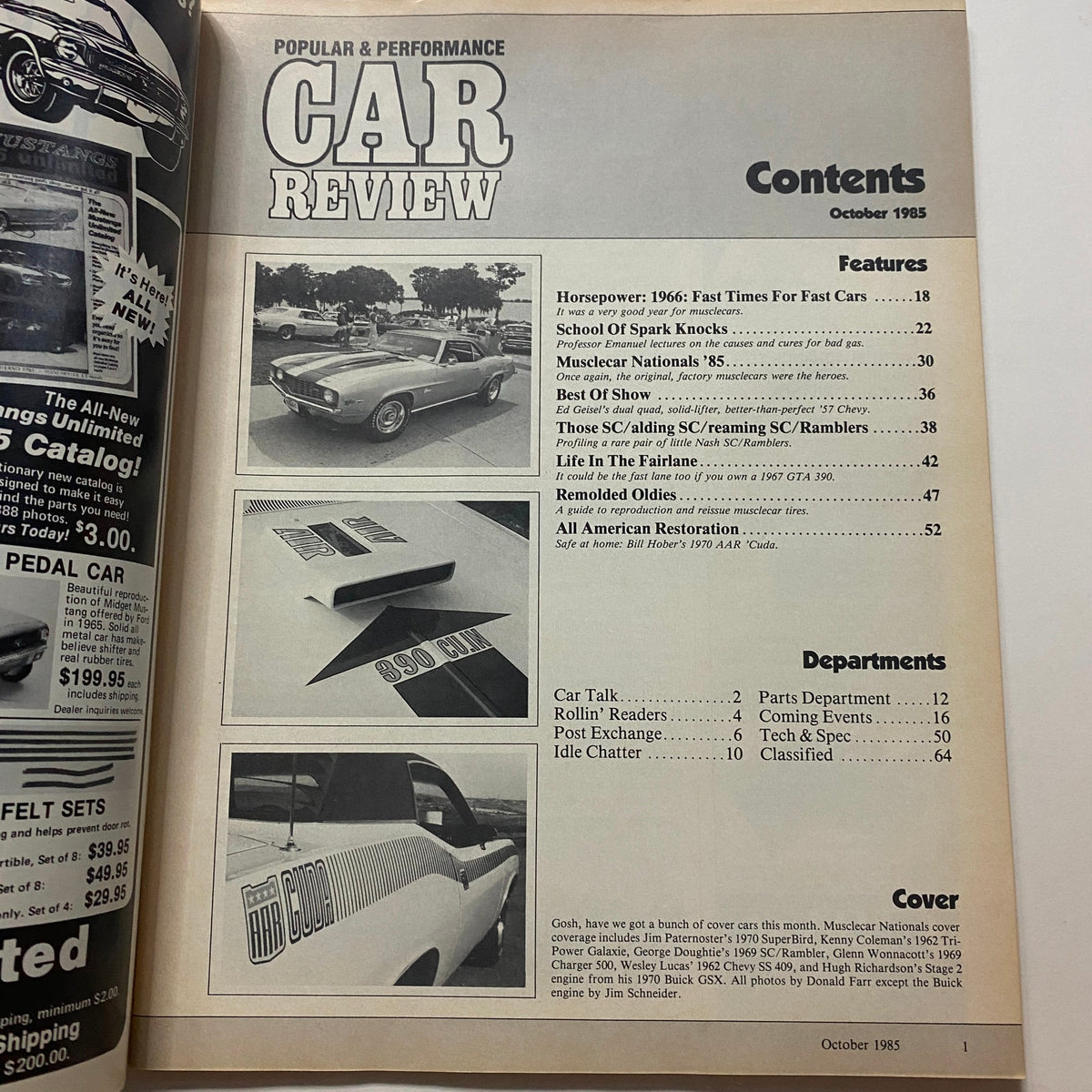 Contents page of the October 1985 issue of Popular & Performance Car Review Magazine, listing features such as 'Horsepower 1966', 'Musclecar Nationals', and article topics related to classic cars.