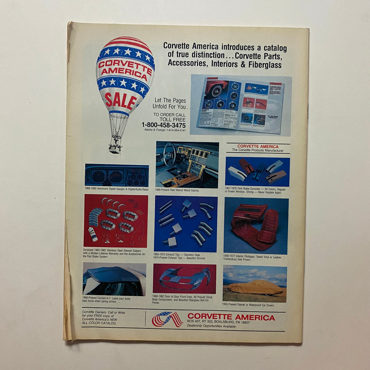 Back cover of the October 1985 issue of Popular & Performance Car Review Magazine showcasing Corvette America advertisement, featuring products and parts for Corvette restoration and enhancement.