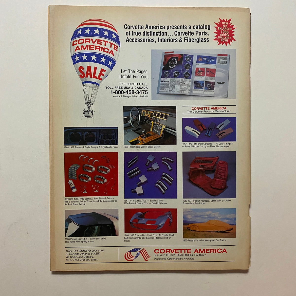 Back cover of the April 1986 Popular & Performance Car Review Magazine featuring a catalog by Corvette America promoting Corvette parts and accessories.