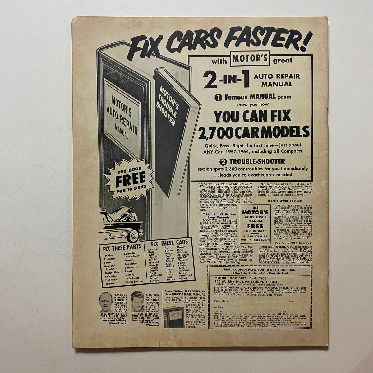 Back cover of VTG Customs Illustrated Magazine October 1964 featuring an advertisement for Motor's Auto Repair Manual, inviting readers to fix cars faster.