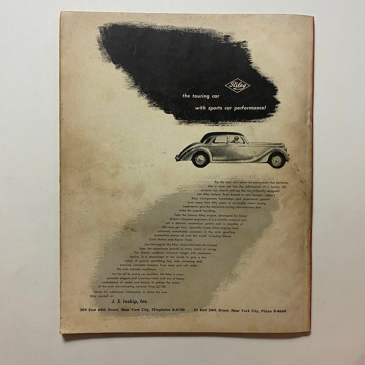 Back cover of VTG Your Car Magazine November 1953 featuring an advertisement for a Riley touring car, emphasizing its sports car performance.