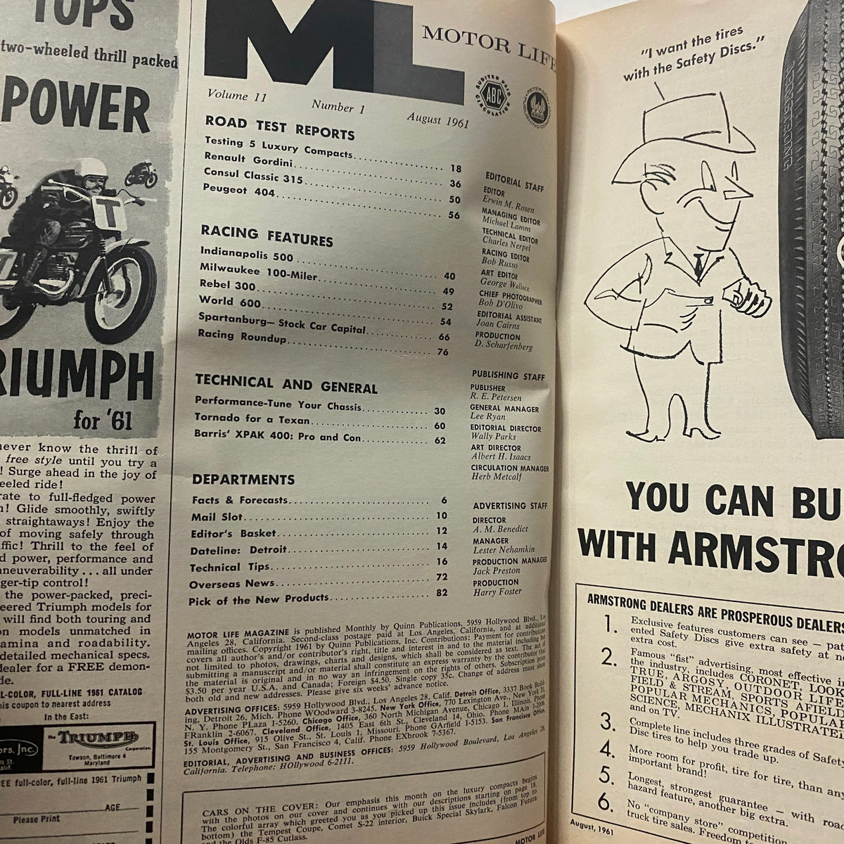 Inside page of VTG Motor Life Magazine August 1961, Volume 11 Number 1 detailing road test reports and articles on luxury compact cars, including the Consul Classic 315.