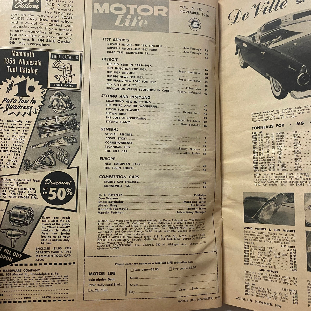 Inside pages of VTG Motor Life Magazine November 1956, highlighting articles and test reports on the 1957 Ford and Lincoln models.