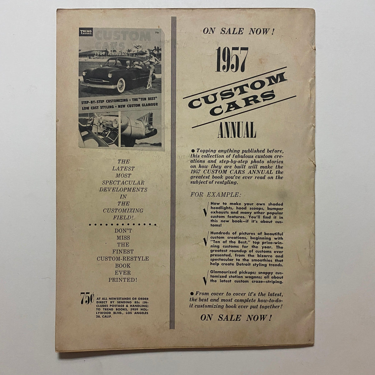 Back cover of VTG Motor Life Magazine November 1956, promoting the 1957 Custom Cars Annual with details about customizing and styling.