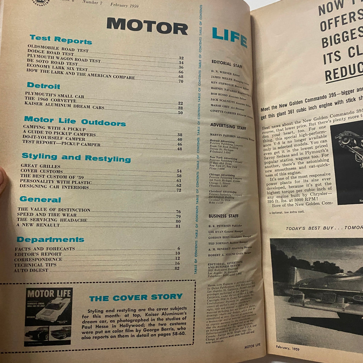 Table of contents page from VTG Motor Life Magazine February 1959, detailing articles on automotive topics including the Kaiser Aluminum Dream Car.