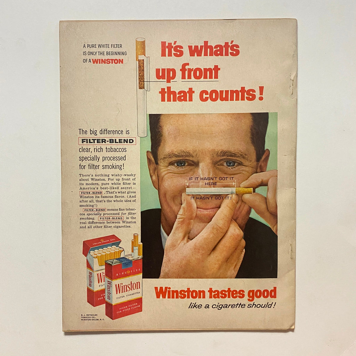 Back cover of VTG Motor Life Magazine March 1959 featuring an advertisement for Winston cigarettes, emphasizing filter technology and branding.
