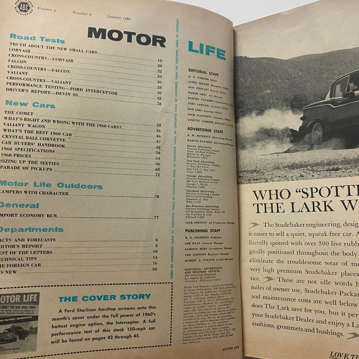 Inside page of the January 1960 Motor Life Magazine featuring the table of contents, detailing articles on road tests and new cars, exemplifying the automotive trends of the era.