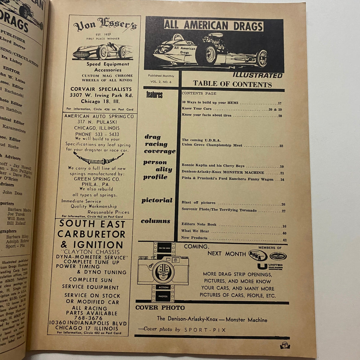 Table of contents page from All American Drags Illustrated Magazine July 1966, showcasing features on drag racing coverage and profiles, enhancing the magazine's nostalgic value for automotive enthusiasts.