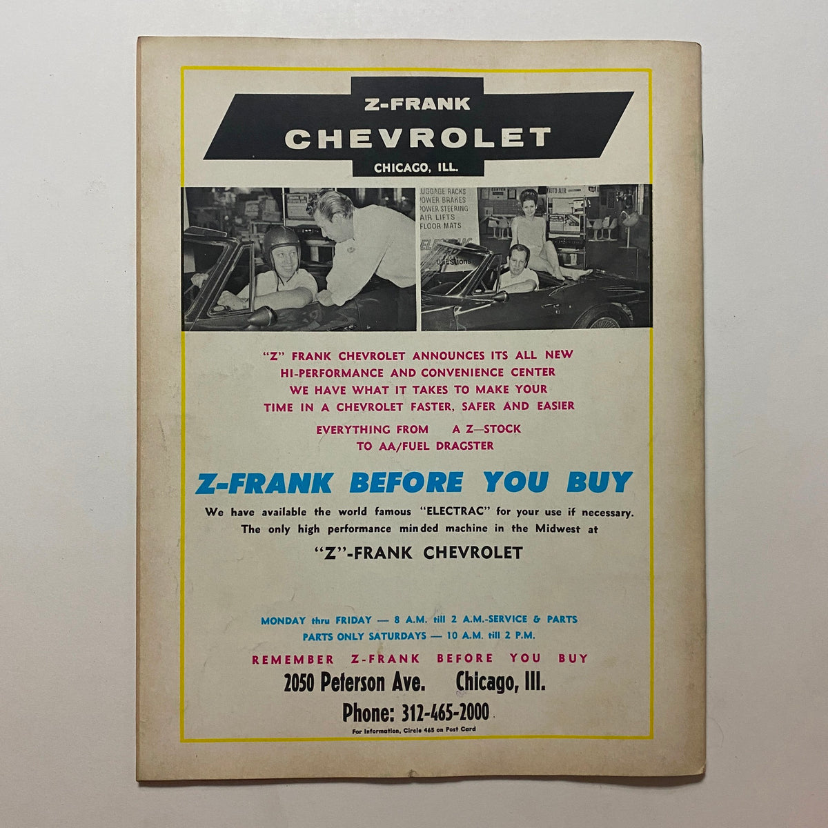 Advertisement page from All American Drags Illustrated Magazine July 1966 for Z-Frank Chevrolet, highlighting high-performance automotive services, a classic reflection of the car culture in the 1960s.