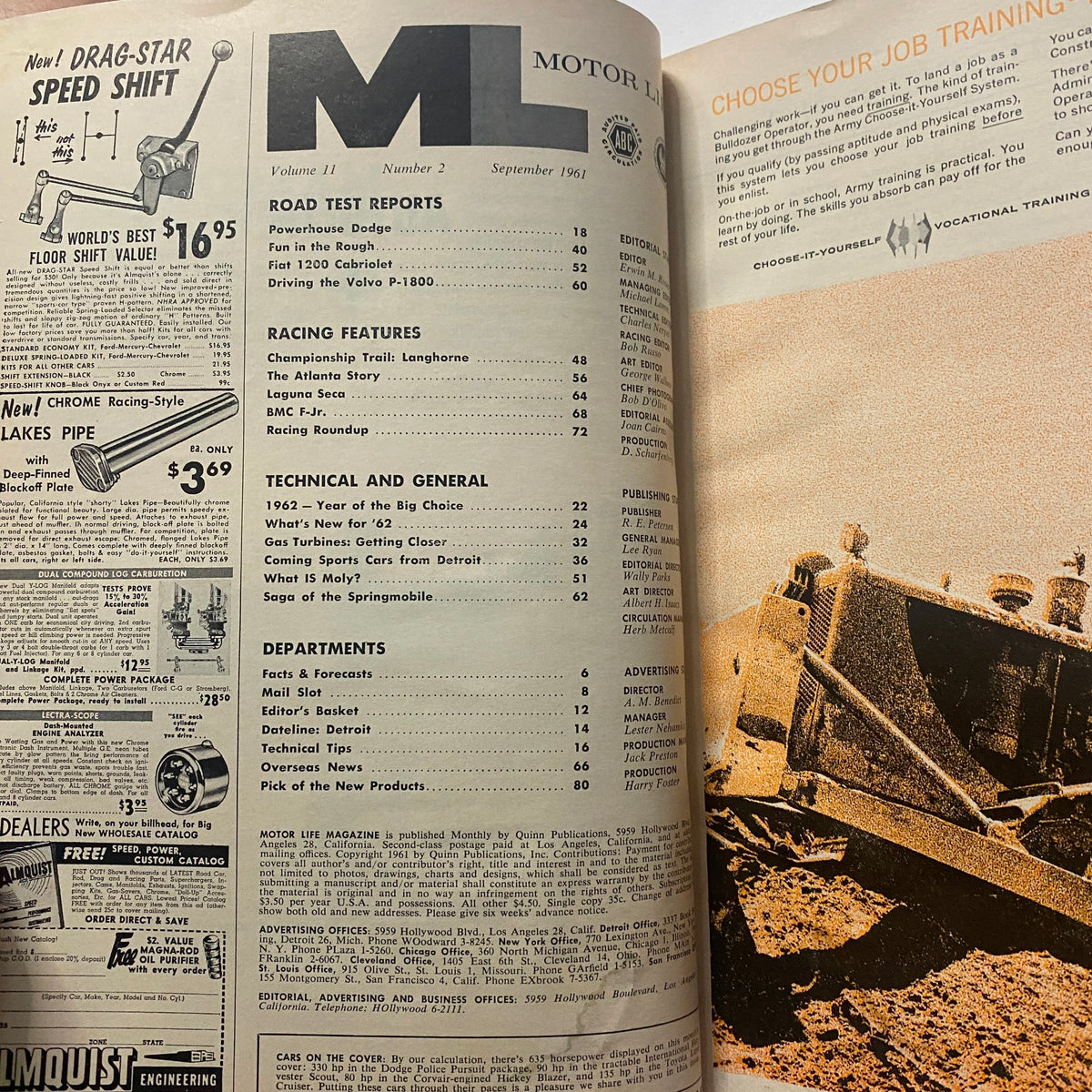 Inside page of VTG Motor Life Magazine September 1961 displaying table of contents and automotive articles including Dodge's Powerhouse Package.