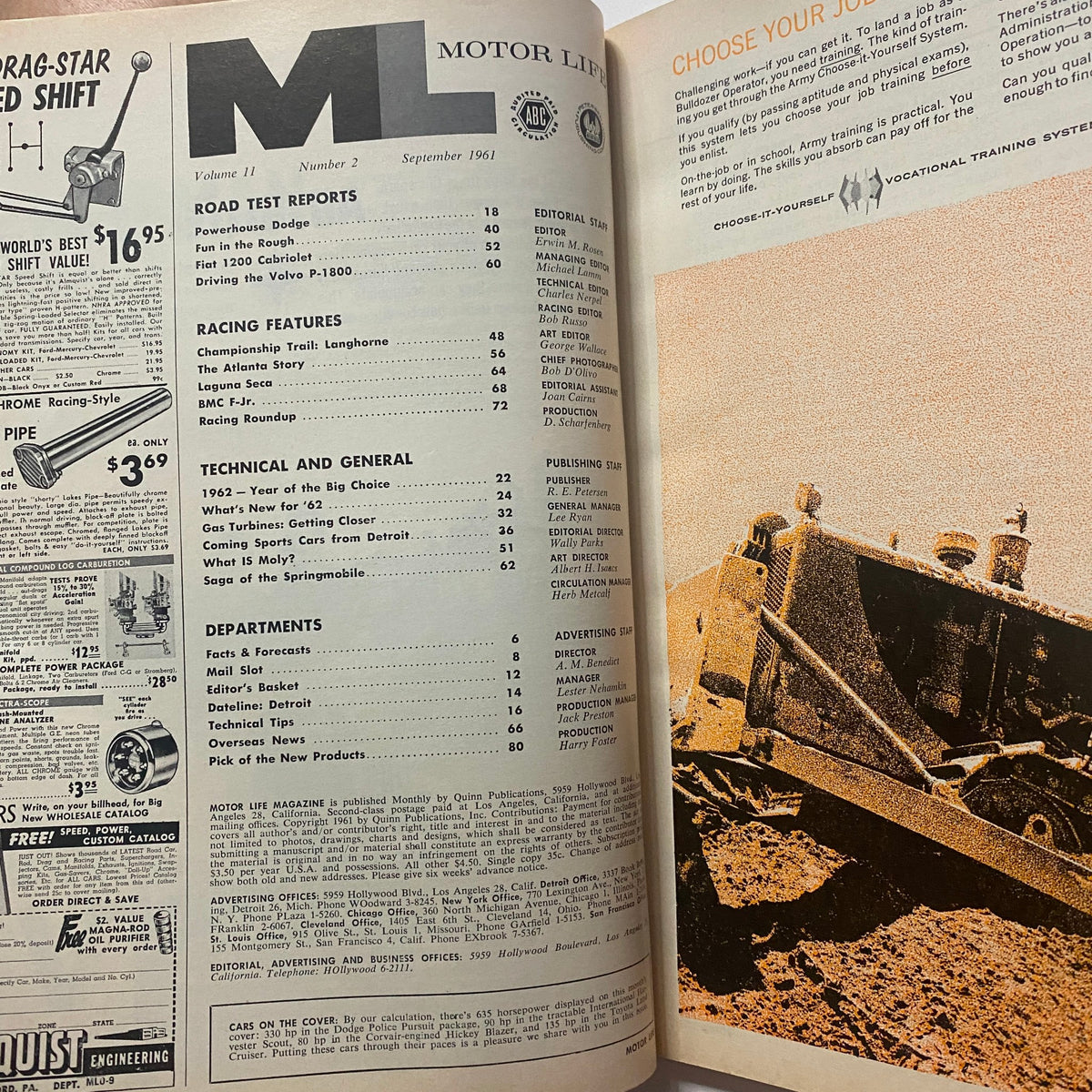 Interior page of VTG Motor Life Magazine September 1961 displaying the editorial content and features including the Road Test Reports and Racing Features.