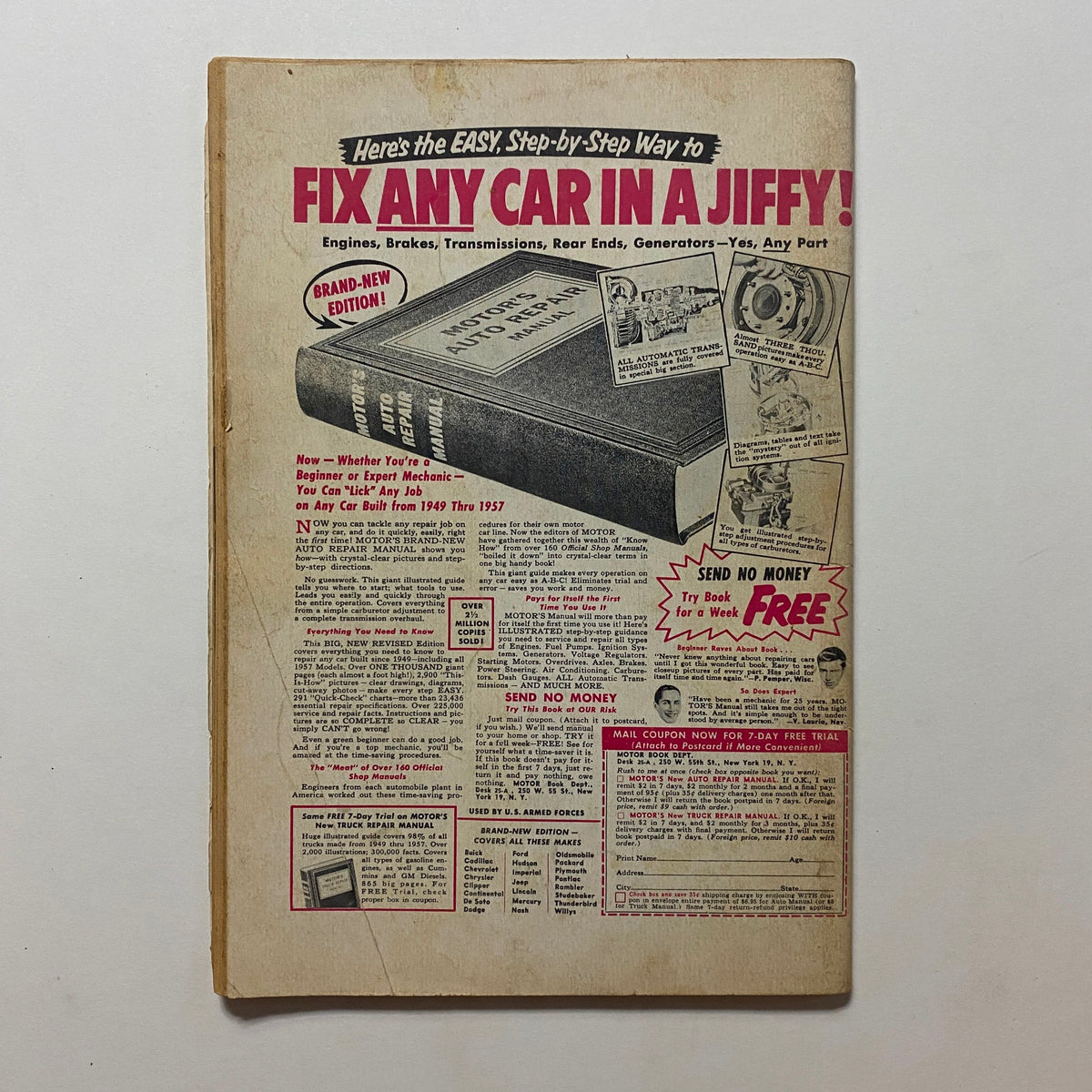 Back cover advertisement of VTG Rodding & Re-Styling Magazine January 1958 offering a step-by-step guide to fix any car, featuring promotional graphics and text.