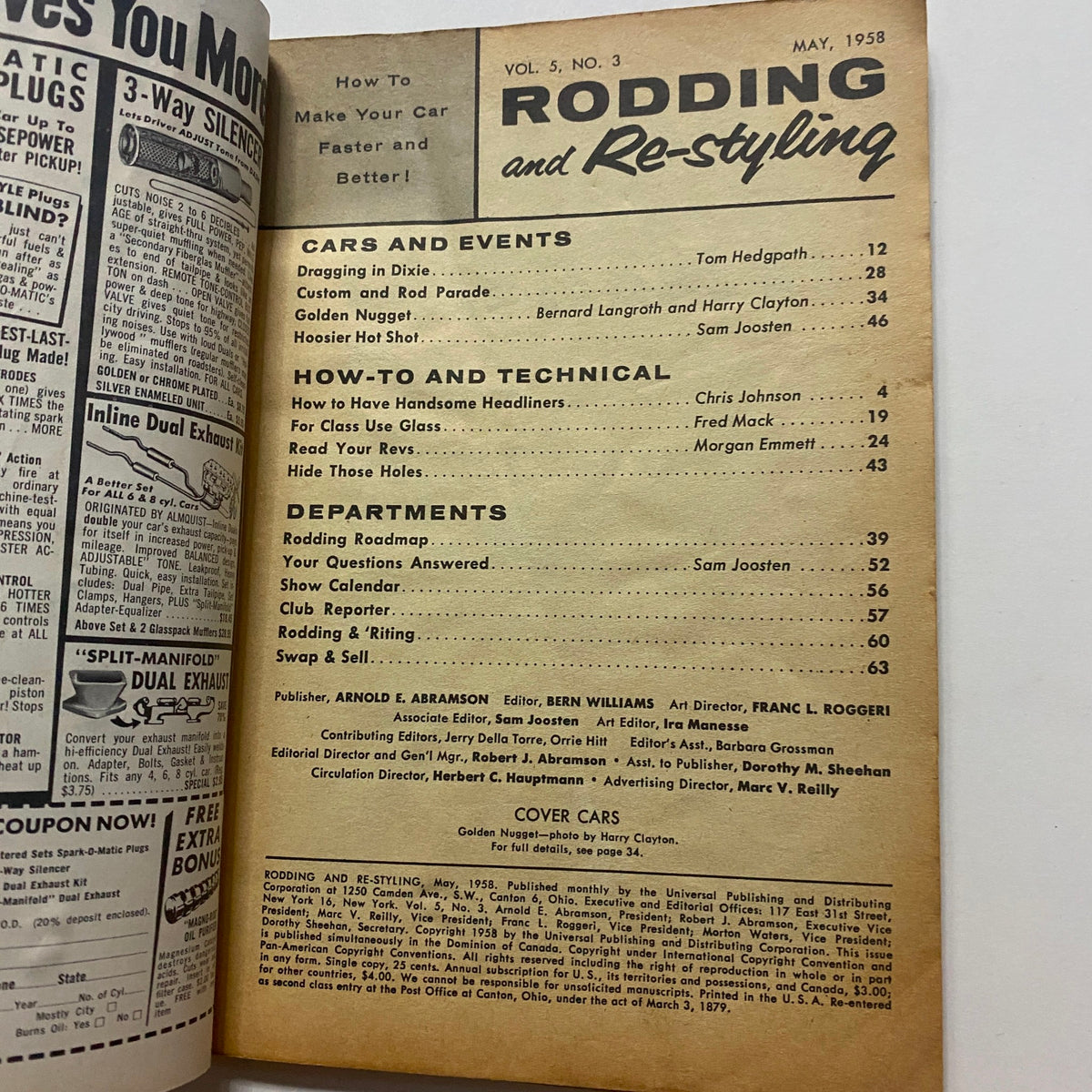 Interior page of the VTG Rodding & Re-Styling Magazine May 1958 showing the table of contents and automotive articles.