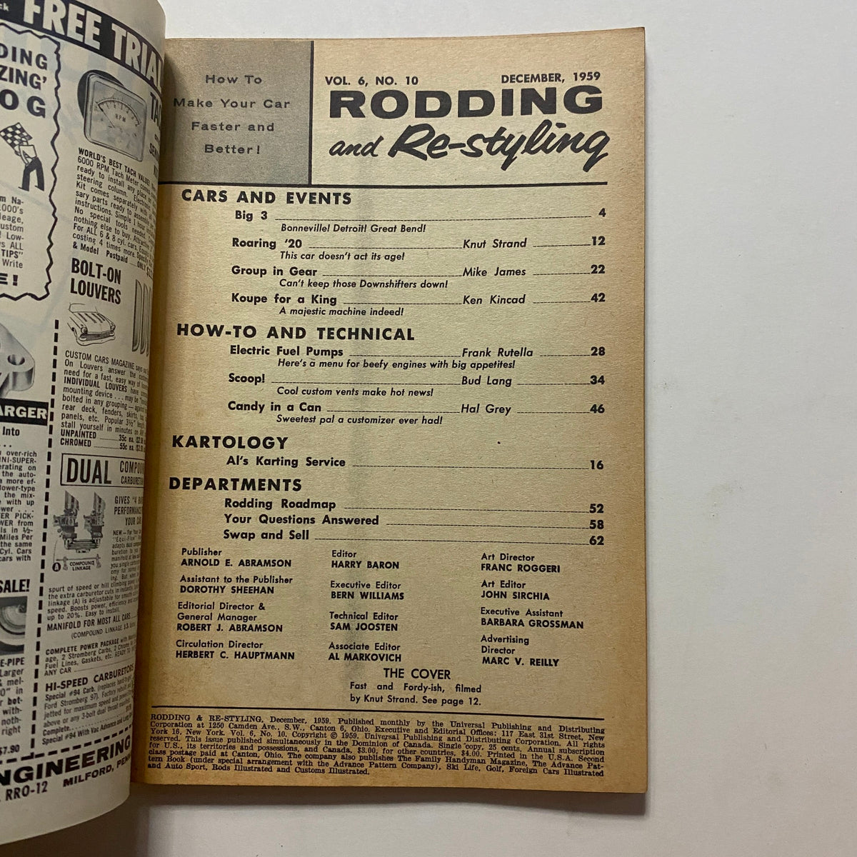Table of contents from VTG Rodding & Re-Styling Magazine December 1959, highlighting sections on cars, events, and technical how-to guides for automotive enthusiasts.