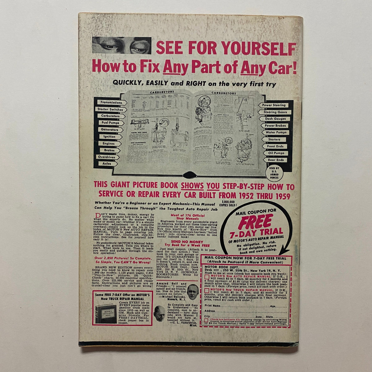 Back cover of VTG Rodding & Re-Styling Magazine December 1959 showcasing a detailed advertisement on how to fix any part of any car, highlighting a manual for car repair from 1952 to 1959.