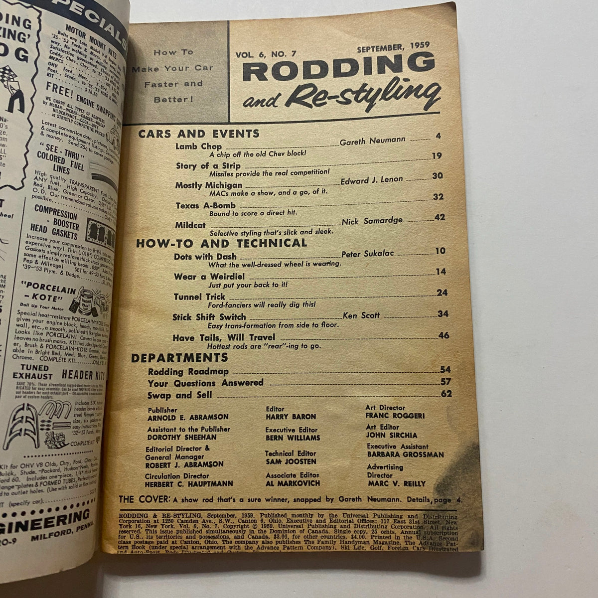 Inside page of the VTG Rodding & Re-Styling Magazine September 1959 displaying the table of contents and features on car customization.