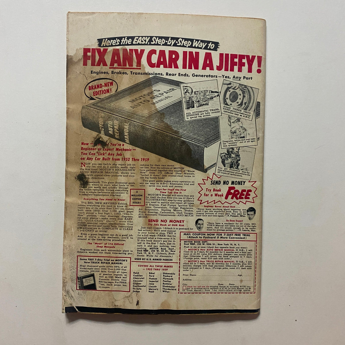 Back cover of the VTG Rodding & Re-Styling Magazine September 1959 featuring advertisements and offers related to automotive repairs.
