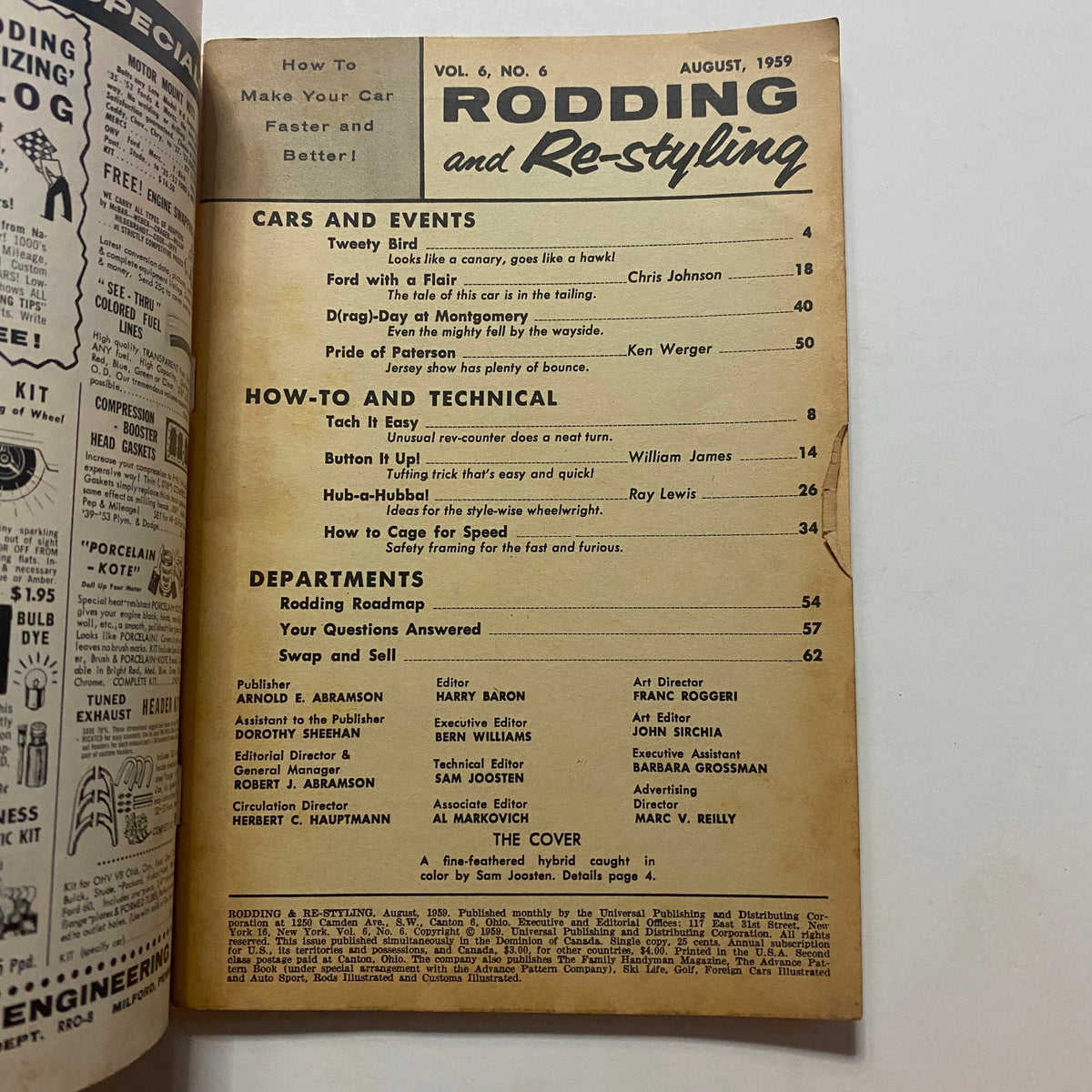 Table of contents from VTG Rodding & Re-Styling Magazine August 1959, featuring articles on car customization and technical advice.