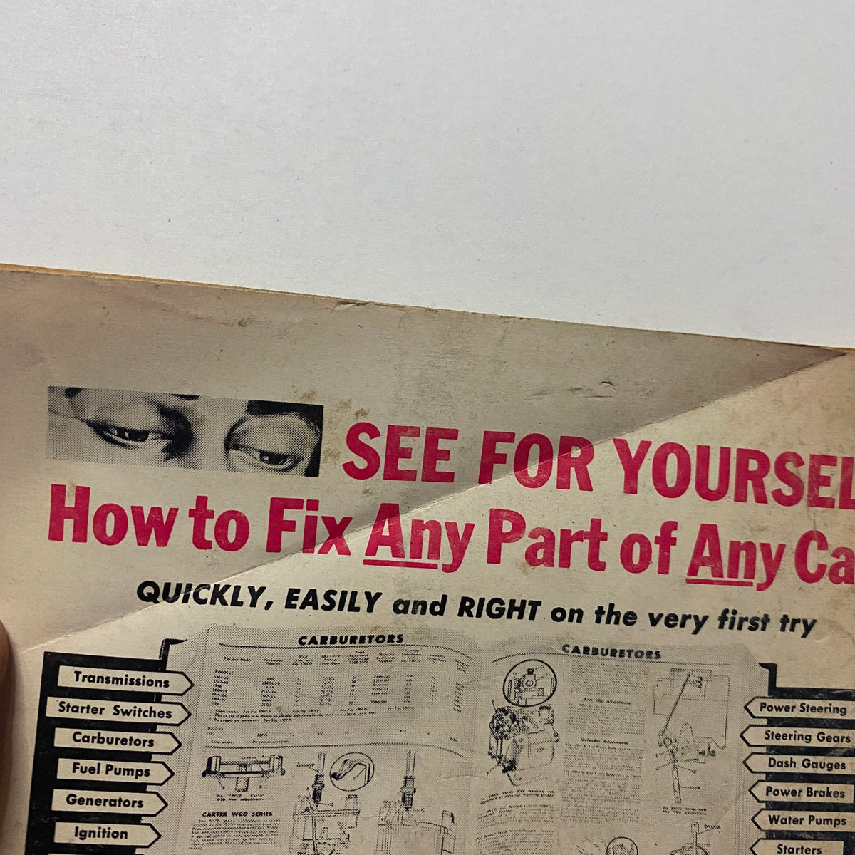 Close-up of the back cover of VTG Rodding & Re-Styling Magazine May 1959 emphasizing the title of an automotive repair book, highlighting the resource for car repairs and maintenance.