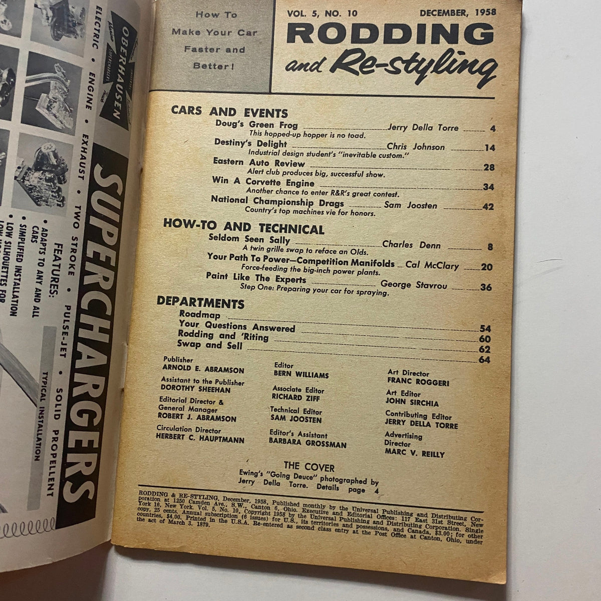 Interior page of VTG Rodding & Re-Styling Magazine December 1958, highlighting articles on cars and events, including Doug's Green Frog.
