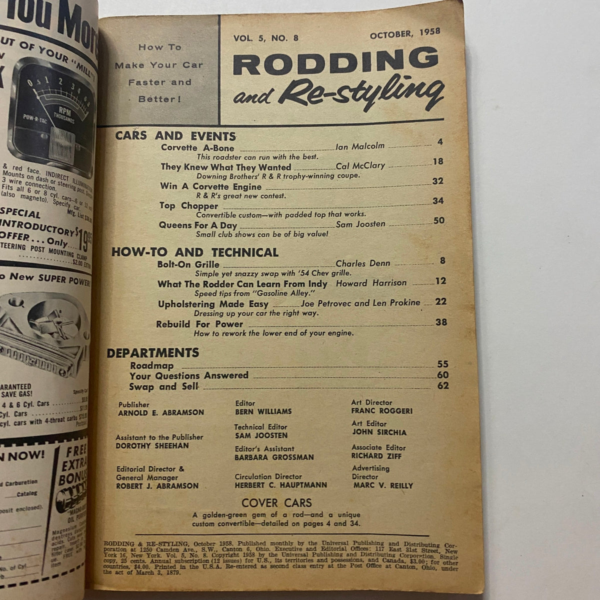 Contents page of VTG Rodding & Re-Styling Magazine October 1958, featuring sections on car events, technical how-tos, and articles on car customization and styling tips.