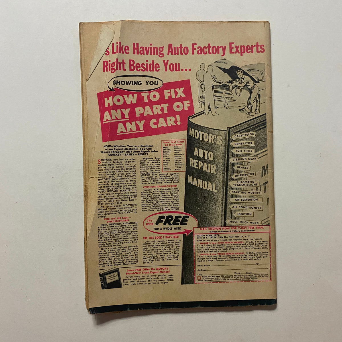 Back cover of VTG Rodding & Re-Styling Magazine, October 1958, showcasing a vintage advertisement for Motor's Auto Repair Manual with instructions on car repairs.