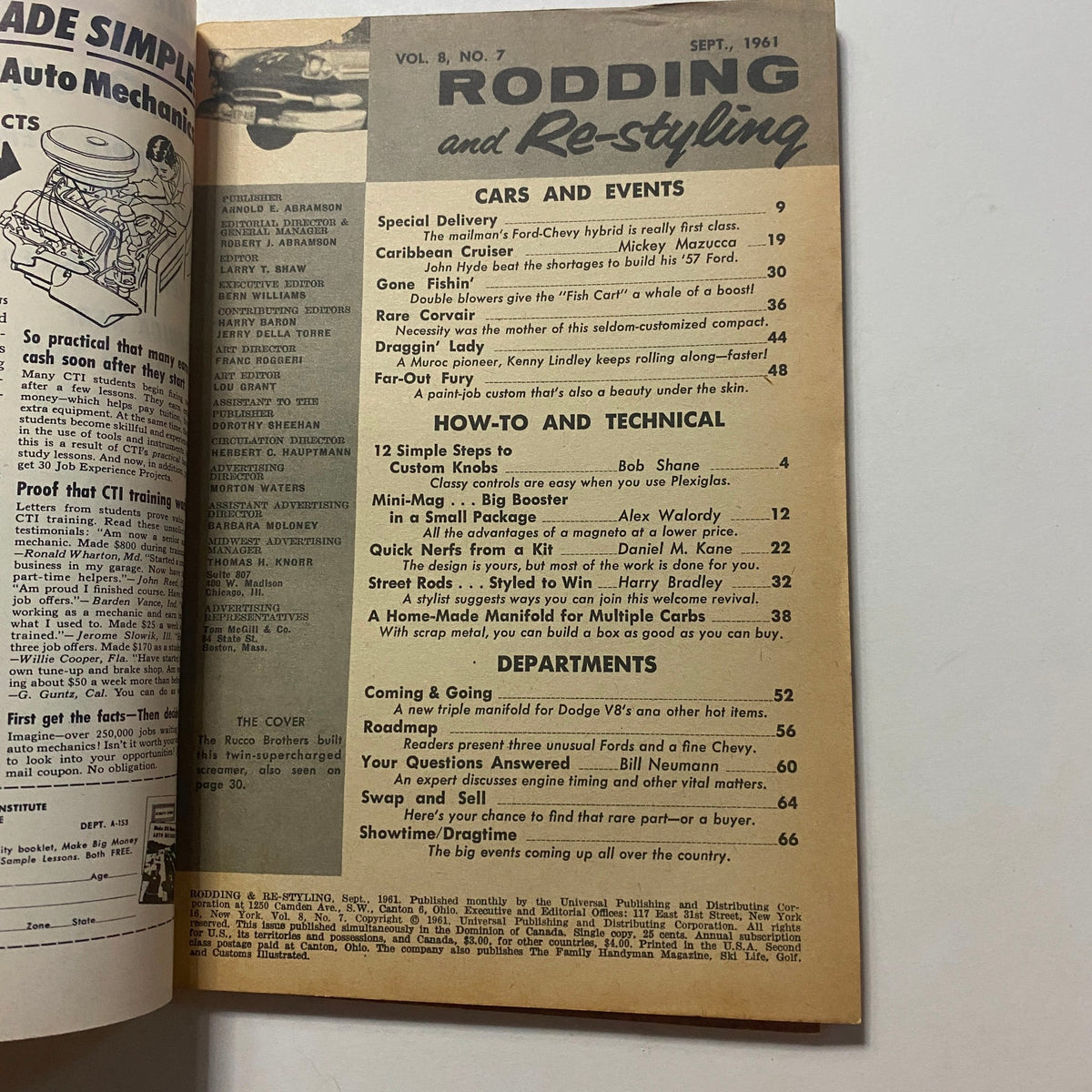 Interior page of VTG Rodding & Re-Styling Magazine September 1961 with table of contents, highlighting articles about cars and technical how-tos.